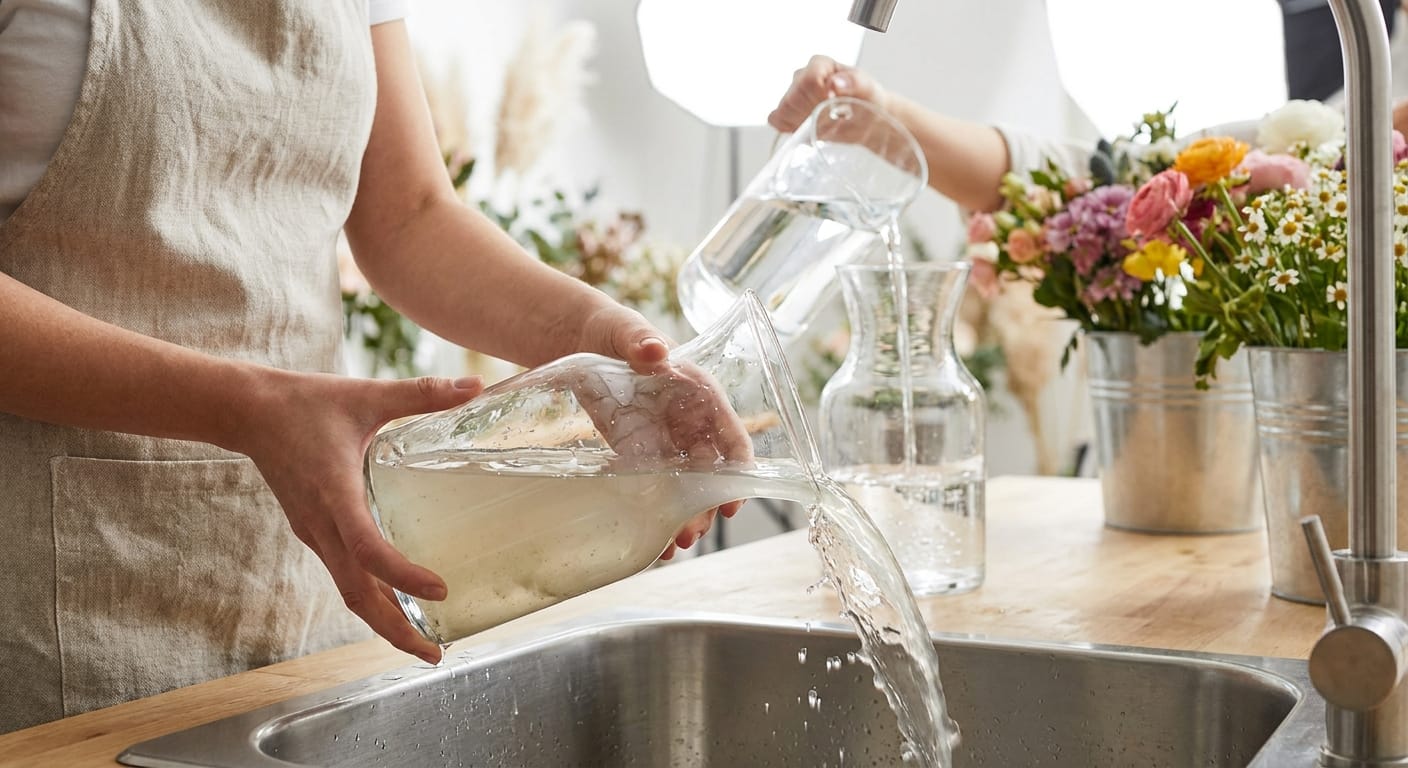 A florist refreshing the water in a glass vase, pouring out old cloudy water, clear fresh water filling the vase, bright studio lighting