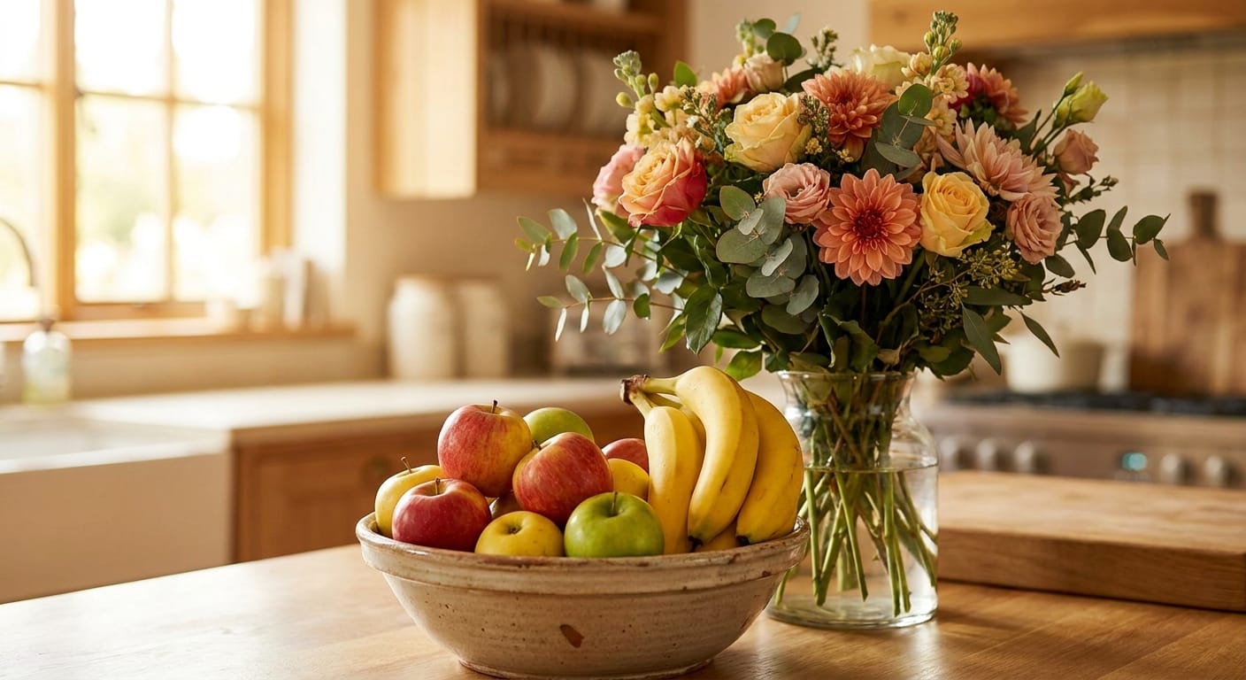 A bowl of ripe, colorful apples and bananas sitting too close to a beautiful floral arrangement, shallow depth of field, warm kitchen lighting