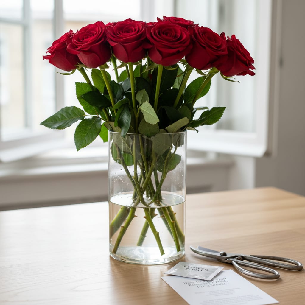 Fresh red roses in a glass vase demonstrating proper flower care setup (relevant to: How to Keep Your Roses Fresh for 2 Weeks)