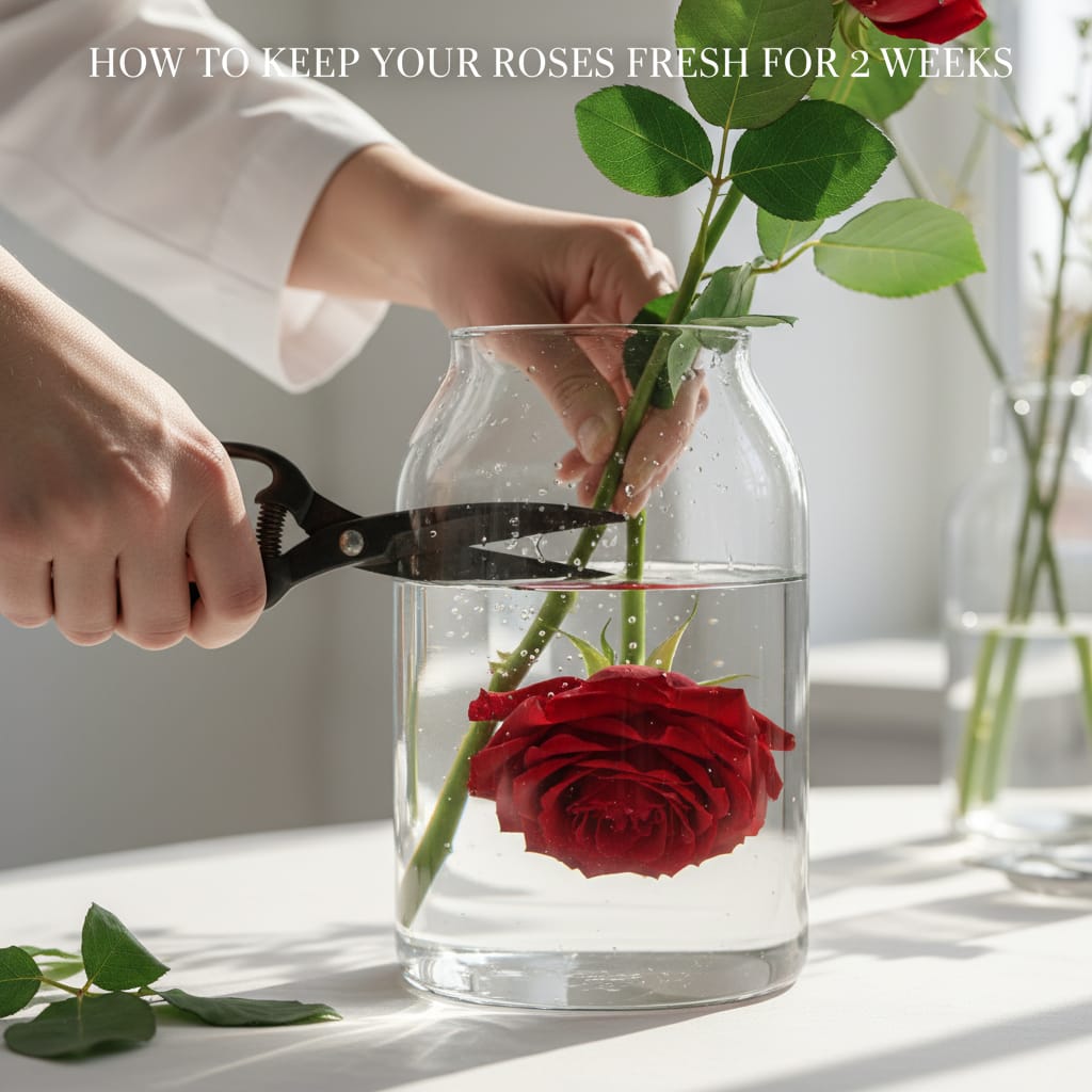 Cutting a rose stem at a 45-degree angle underwater the correct florist technique to prevent air bubbles from blocking water uptake (relevant to: How to Keep Your Roses Fresh for 2 Weeks)