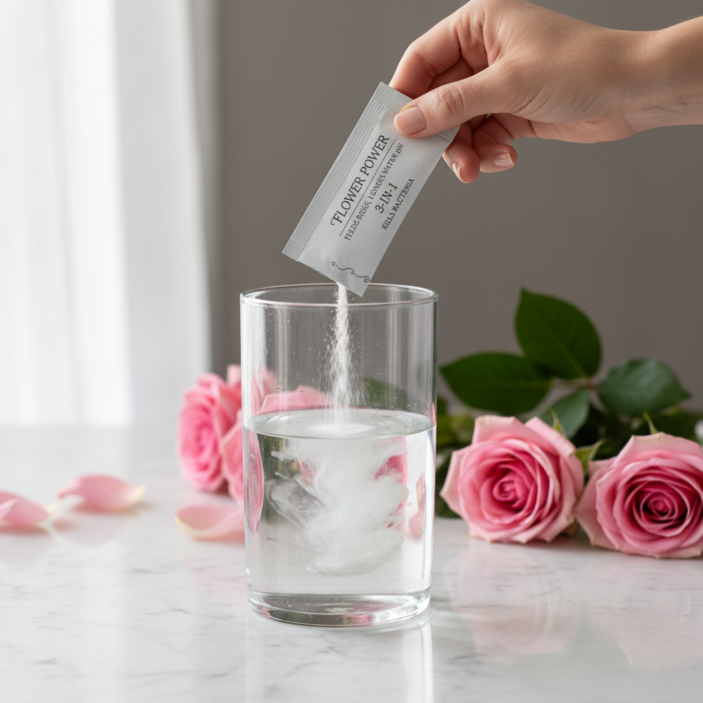 Flower food sachet being added to a clean glass vase the three-in-one solution that feeds roses, lowers water pH, and kills bacteria (relevant to: How to Keep Your Roses Fresh for 2 Weeks)
