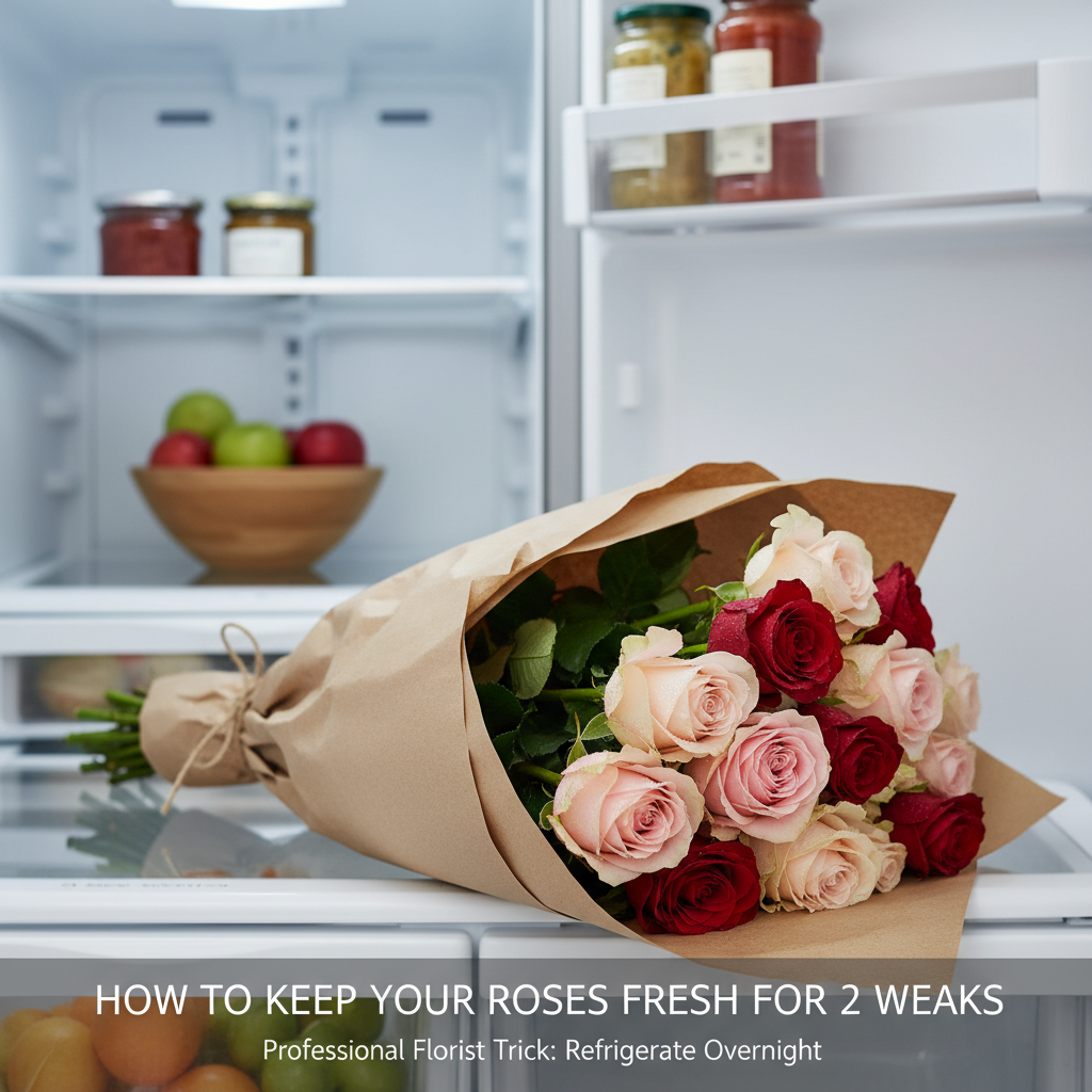 Fresh rose bouquet wrapped in kraft paper placed inside a refrigerator overnight the professional florist trick that adds 3-5 extra days of vase life (relevant to: How to Keep Your Roses Fresh for 2 Weeks)