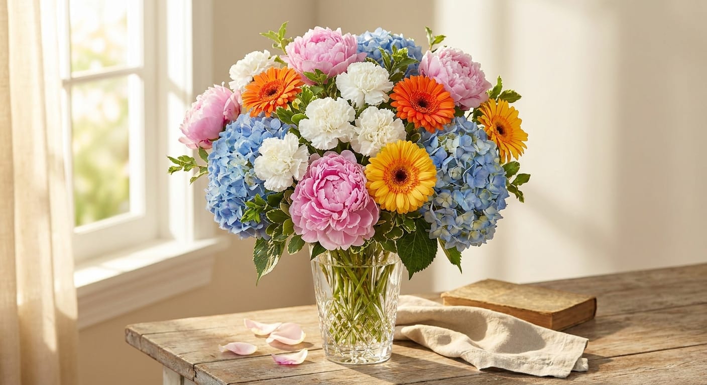 A sophisticated, lush bouquet of spring flowers featuring pink peonies, white carnations, blue hydrangeas, and bright gerbera daisies arranged in a crystal vase on a sunlit wooden table, cinematic lighting, editorial style