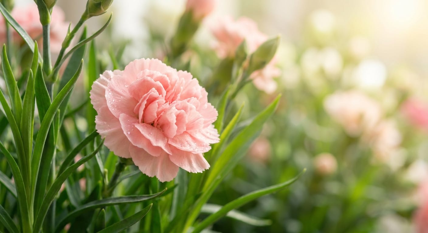 Close-up of a ruffled, soft pink carnation with vibrant green foliage, captured in bright, natural morning light, soft focus background, professional floral photography