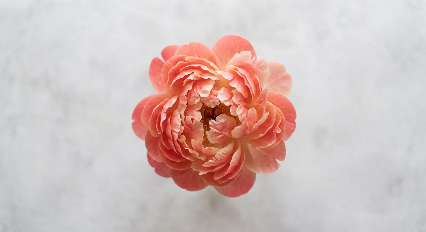 Top-down view of a giant, fully-bloomed coral charm peony with delicate, layered petals, shot in a soft studio light, high-end editorial aesthetic