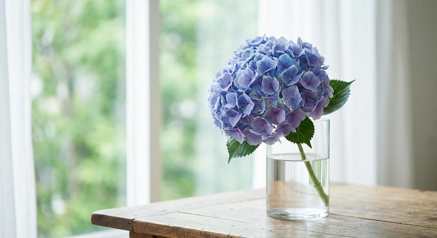 A vibrant blue and purple hydrangea head in a clear glass vase, soft window lighting, shallow depth of field, highlighting the intricate petal texture