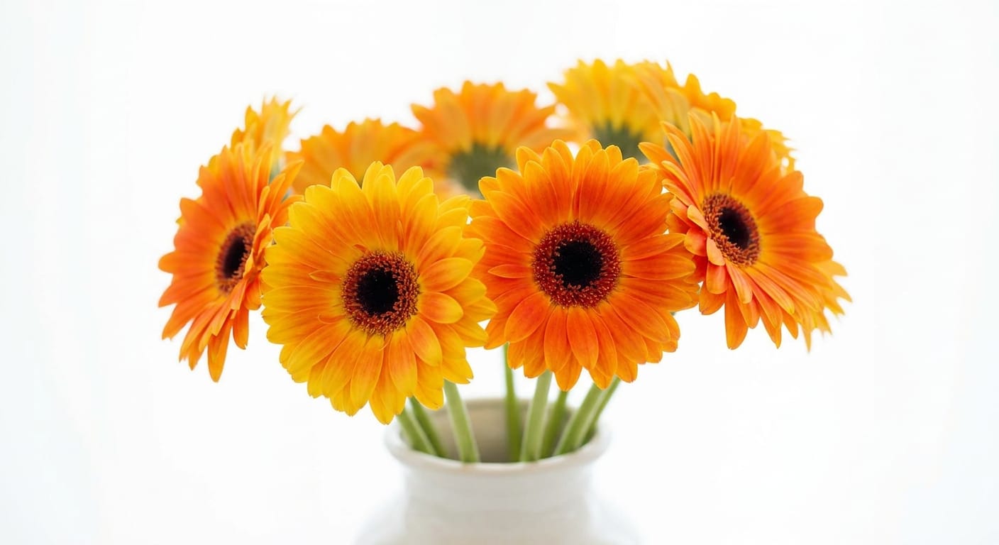 Bright orange and yellow gerbera daisies with bold black centers, shot in a high-key studio setting, vibrant colors, crisp focus