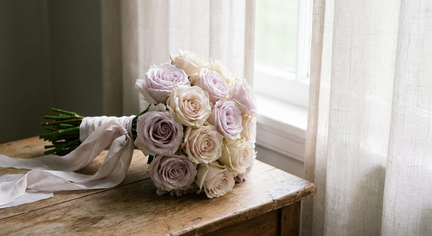 A tight, elegant bouquet of pale lavender and cream roses, captured in soft, diffused light, romantic and classic atmosphere, fine art photography style