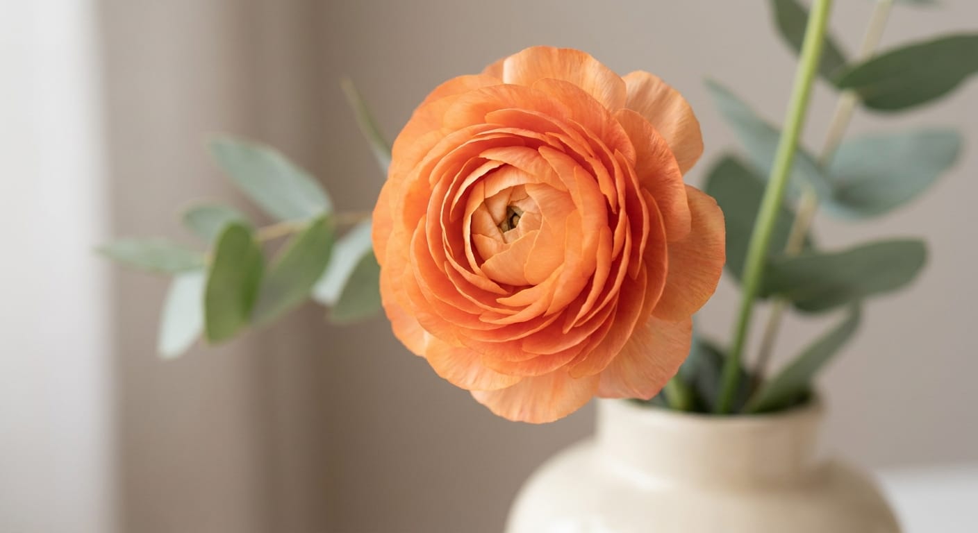 A close-up of a multi-layered, delicate orange ranunculus bloom with its tightly packed petals, soft natural lighting, elegant and high-fashion floral aesthetic