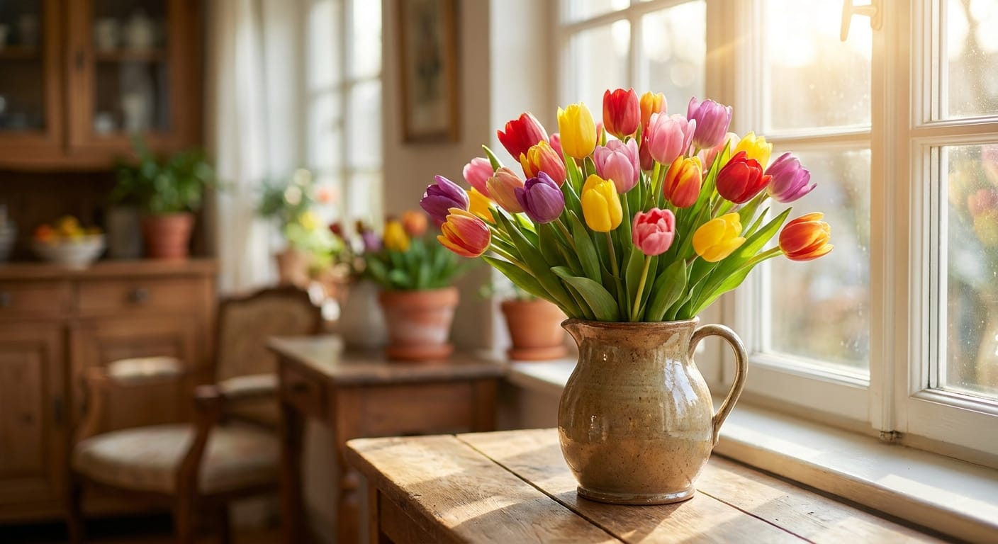 A vibrant arrangement of multicolored tulips in a rustic ceramic pitcher, sunlight streaming through a window, joyful and spring-inspired atmosphere