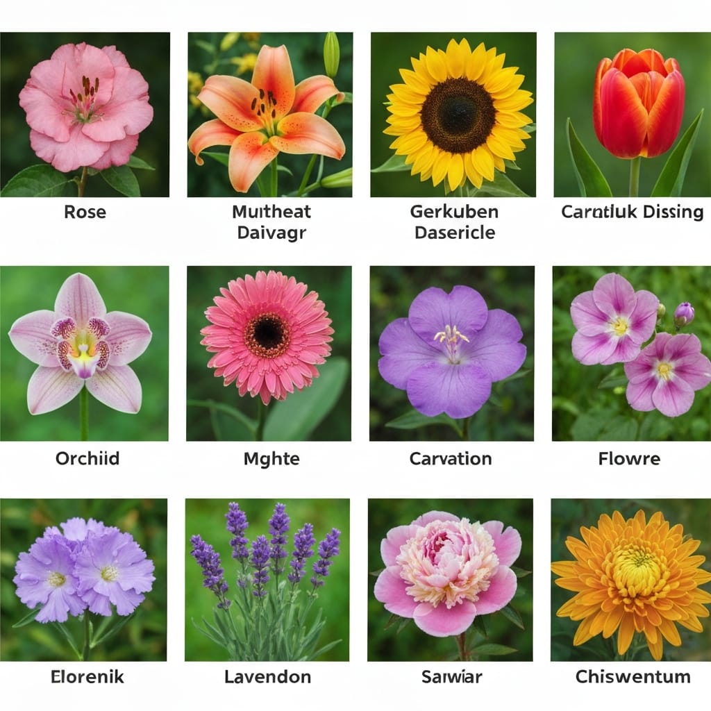 Beautiful collection of flower varieties with names shown in a professional florist arrangement