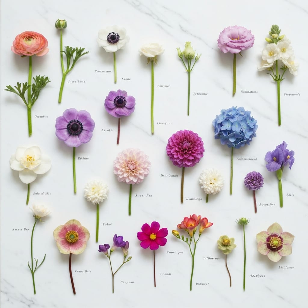 Flower names displayed with a comprehensive visual guide to help learners identify popular blooms at a florist