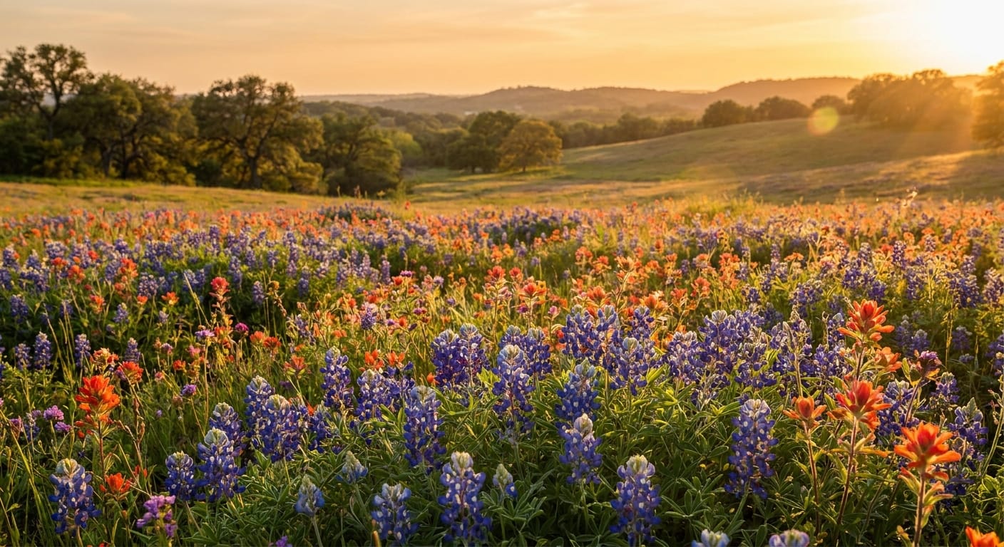 A sprawling meadow filled with a tapestry of vibrant wildflowers under a golden hour sky, featuring bluebonnets in the foreground and soft sun-drenched hills in the distance, cinematic lighting