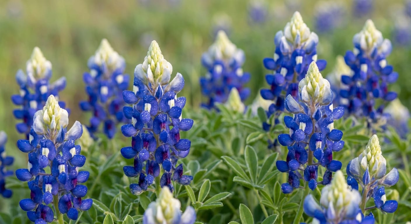 Close-up of vibrant bluebonnet spikes with distinctive white tips, soft morning dew, green foliage, shallow depth of field, professional botanical photography