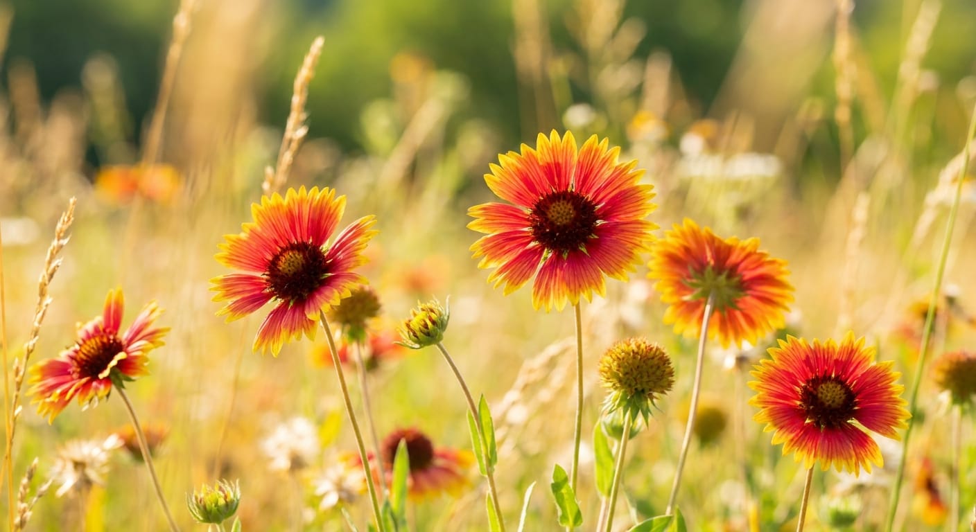 Vibrant red and yellow Indian Blanket flowers in a sun-drenched field, high contrast, bokeh background, macro photography