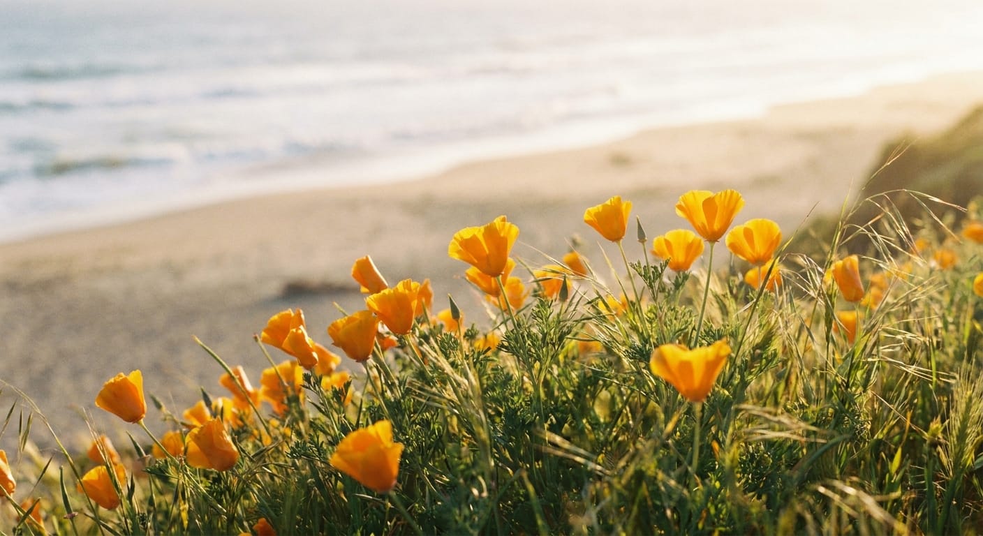 Bright orange California Poppies swaying in a gentle coastal breeze, soft focus, golden hour lighting, editorial style