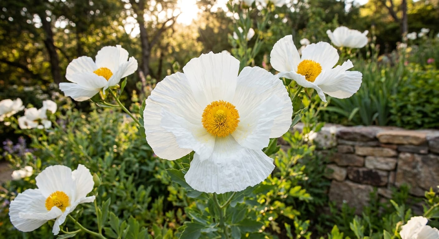Large, white, crepe-paper-like Matilija Poppy flowers with bright yellow centers, dramatic lighting, garden setting, sharp focus