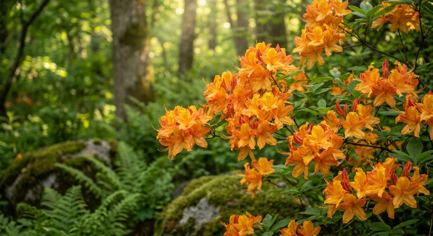 Brilliant orange and yellow clusters of Flame Azalea blossoms, lush forest background, dappled sunlight, high detail