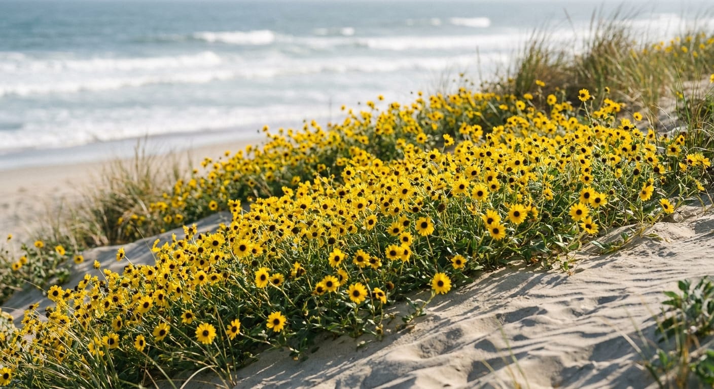 Yellow Beach Sunflower blooms covering a sandy dune, bright coastal light, ocean breeze, high definition nature photography
