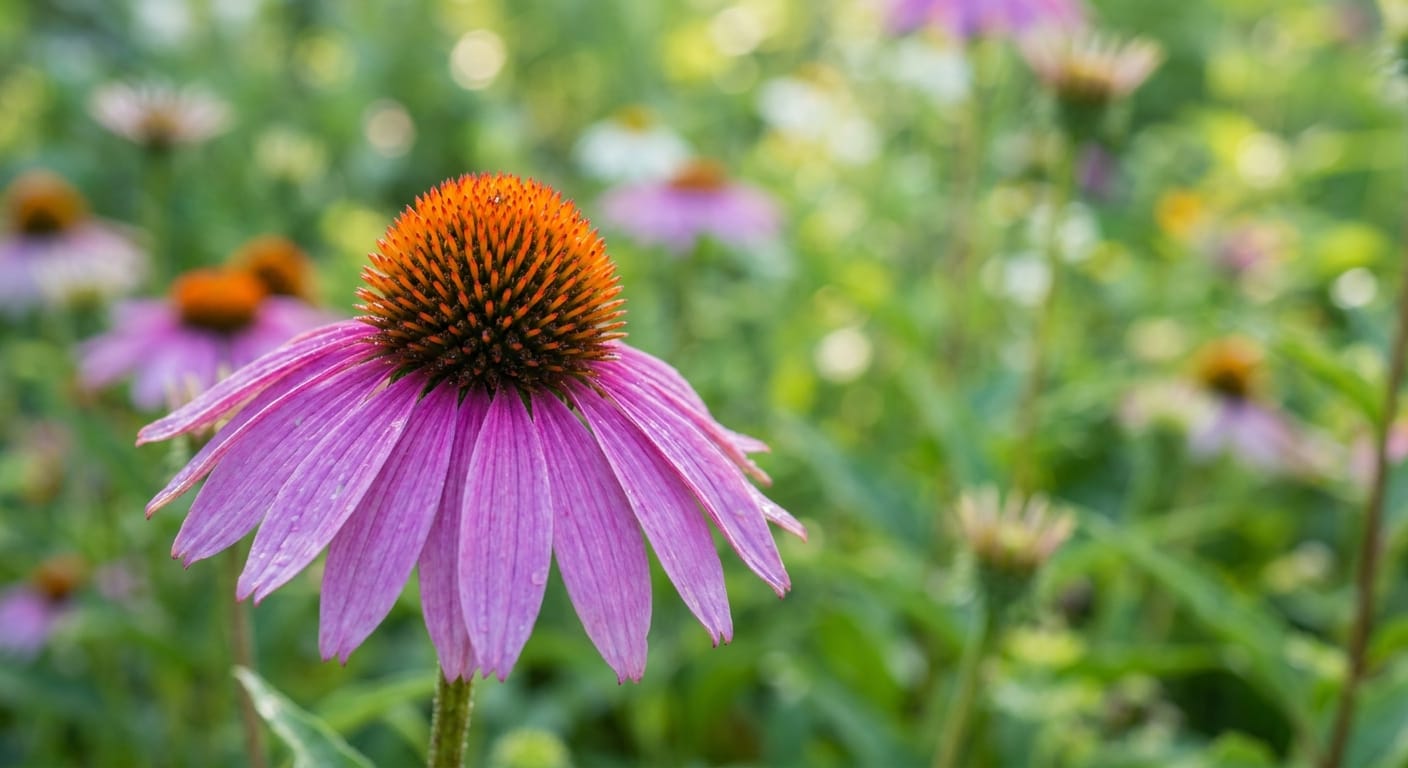 Stunning purple coneflower with a prominent central orange cone, soft bokeh, garden setting, vibrant colors