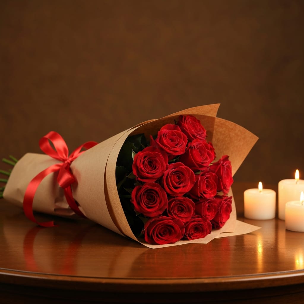 Luxurious bouquet of two dozen red roses wrapped in kraft paper with ribbon for Valentine's Day gifting