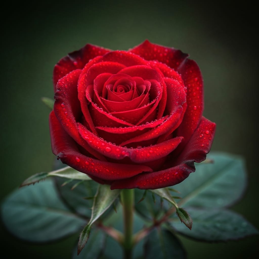 Stunning close-up macro photograph of a perfect red rose in full bloom with dewdrops on velvety petals