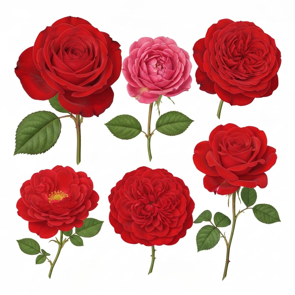 Collection of different red rose varieties displayed side by side for comparison