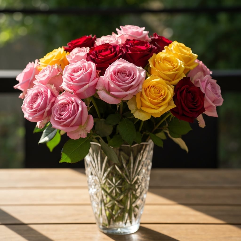A lush, multi-colored bouquet of roses featuring vibrant reds, soft pinks, and sunny yellows arranged in a crystal vase on a sun-drenched wooden table, soft focus background, cinematic lighting