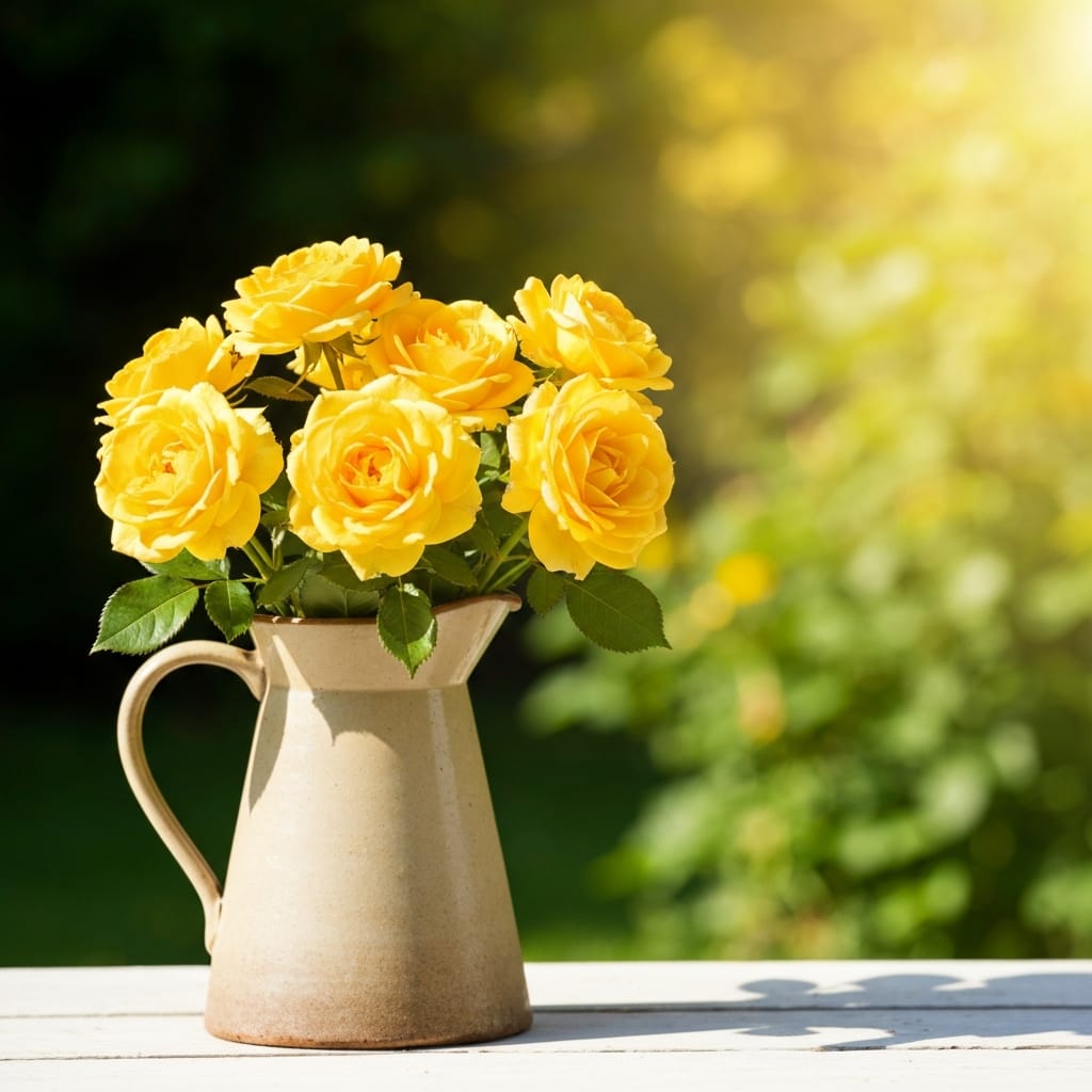 Bright, cheerful yellow roses in a rustic ceramic pitcher, natural window light, sunny garden atmosphere, vibrant colors, shallow depth of field