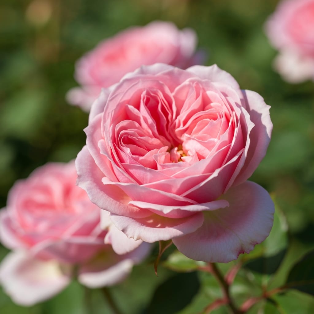 Soft, pastel pink garden roses with ruffled edges, gentle bokeh background, romantic atmosphere, soft focus, feminine and elegant style