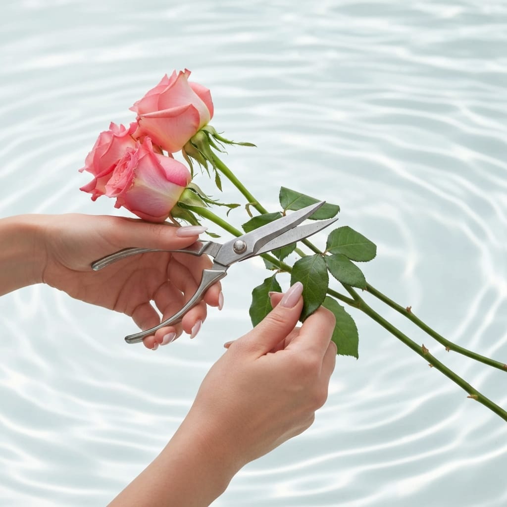 A florist's hands trimming rose stems at a 45-degree angle with sharp shears, clean water in the background, professional tools, instructional, high-detail