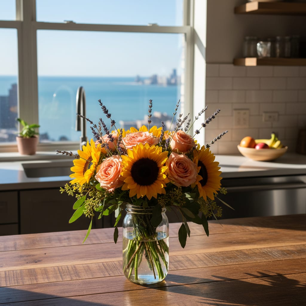 Chicago birthday bouquet of bright sunflowers, garden roses, and lavender on a kitchen table