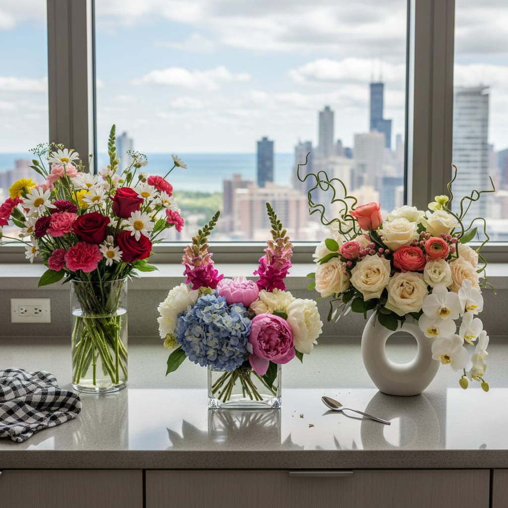 Three different Chicago bouquet styles representing budget, mid-range, and luxury delivery options