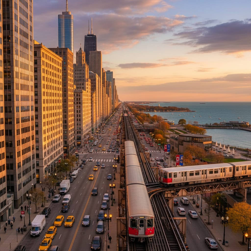 Aerial view of downtown Chicago Loop with flower delivery vans on Michigan Avenue