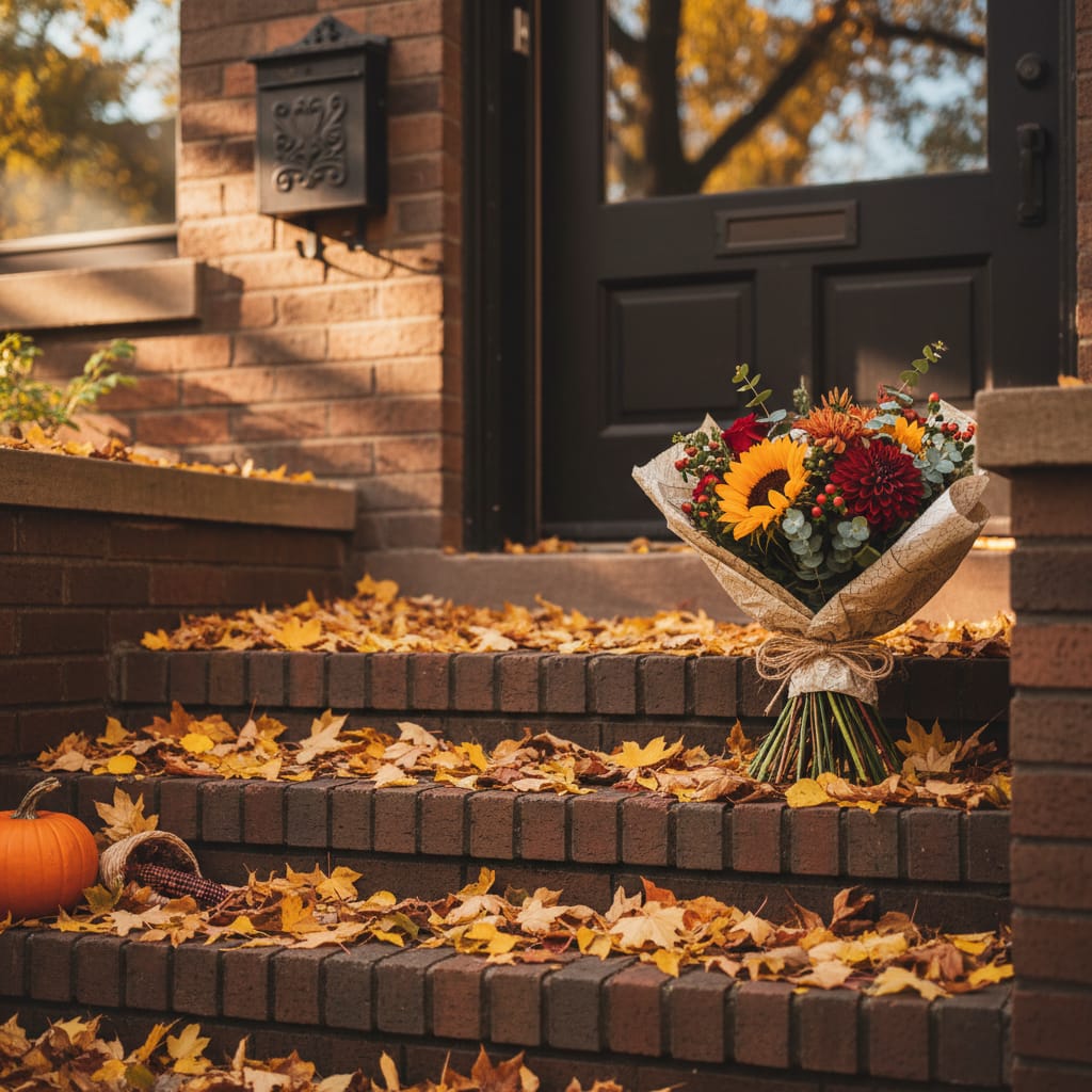 Lincoln Park brownstone porch with a delivered flower bouquet on the doorstep