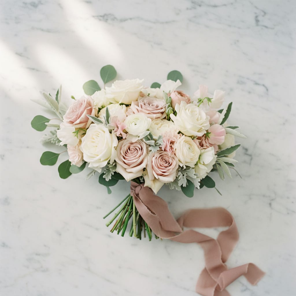 Hand-tied SF bridal bouquet with garden roses ranunculus and California greens on a marble surface
