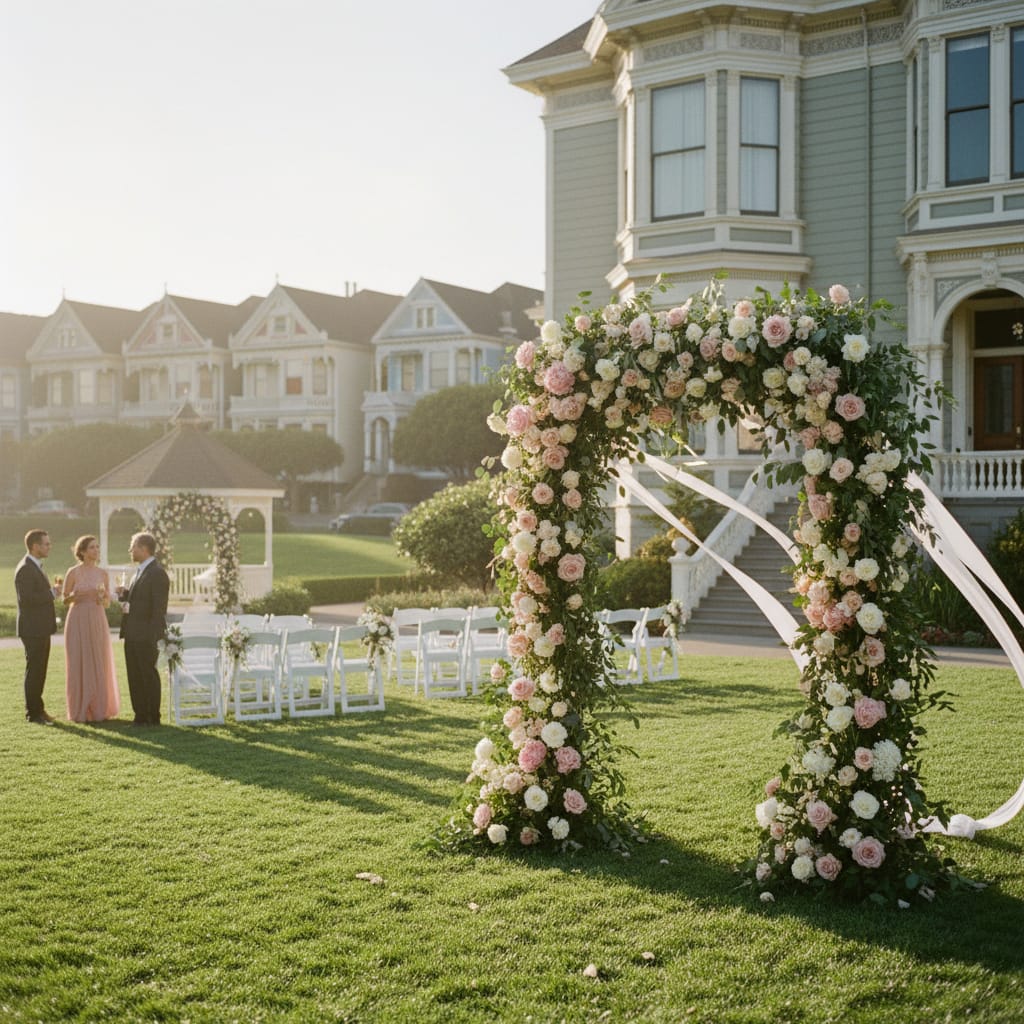 Floral installation with peonies and roses against San Francisco Victorian houses backdrop