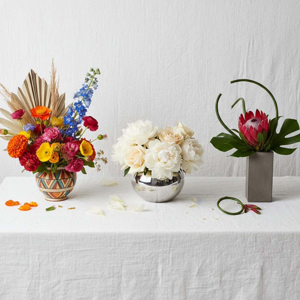 Three San Francisco neighborhood florist styles compared side by side bohemian luxury and minimal
