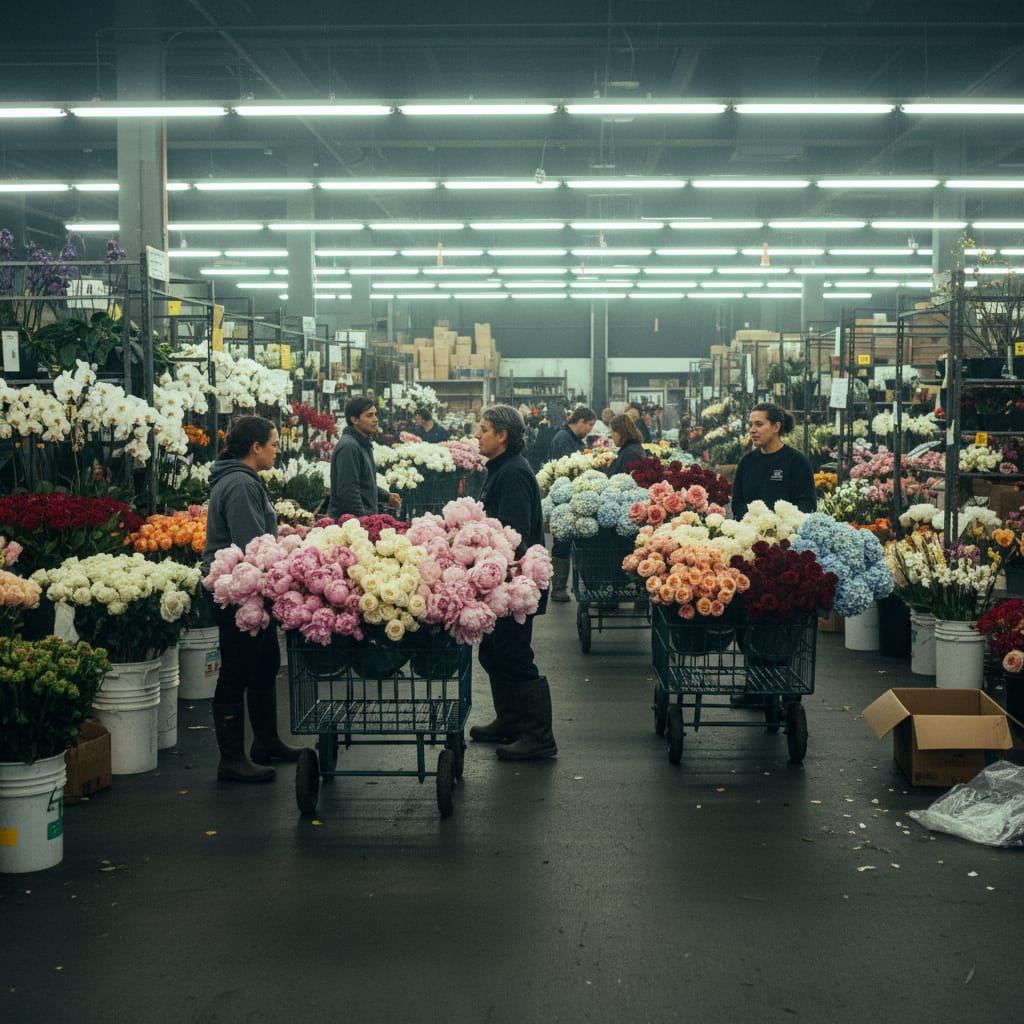 San Francisco Flower Mart bustling with florists shopping at sunrise on Brannan Street