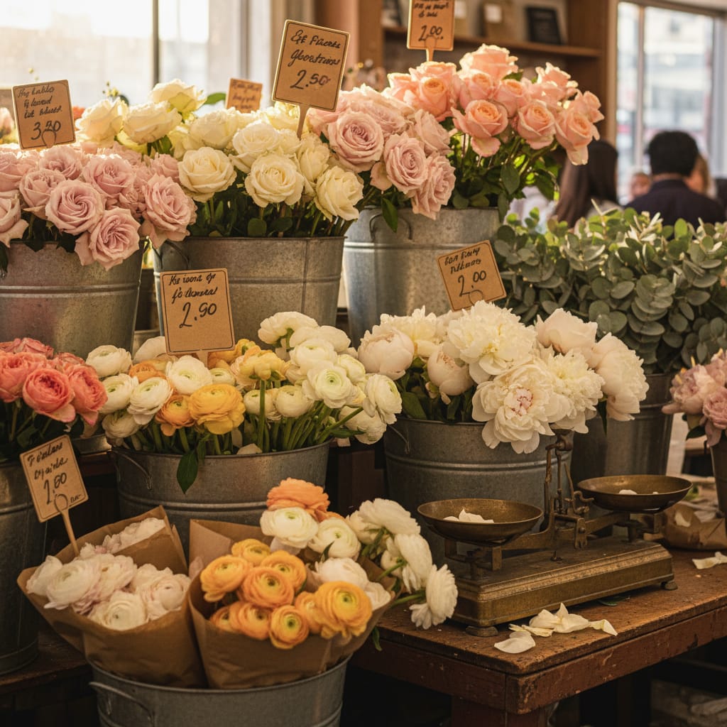 Wholesale flower vendor stall at SF Flower Mart with buckets of garden roses peonies and dahlias