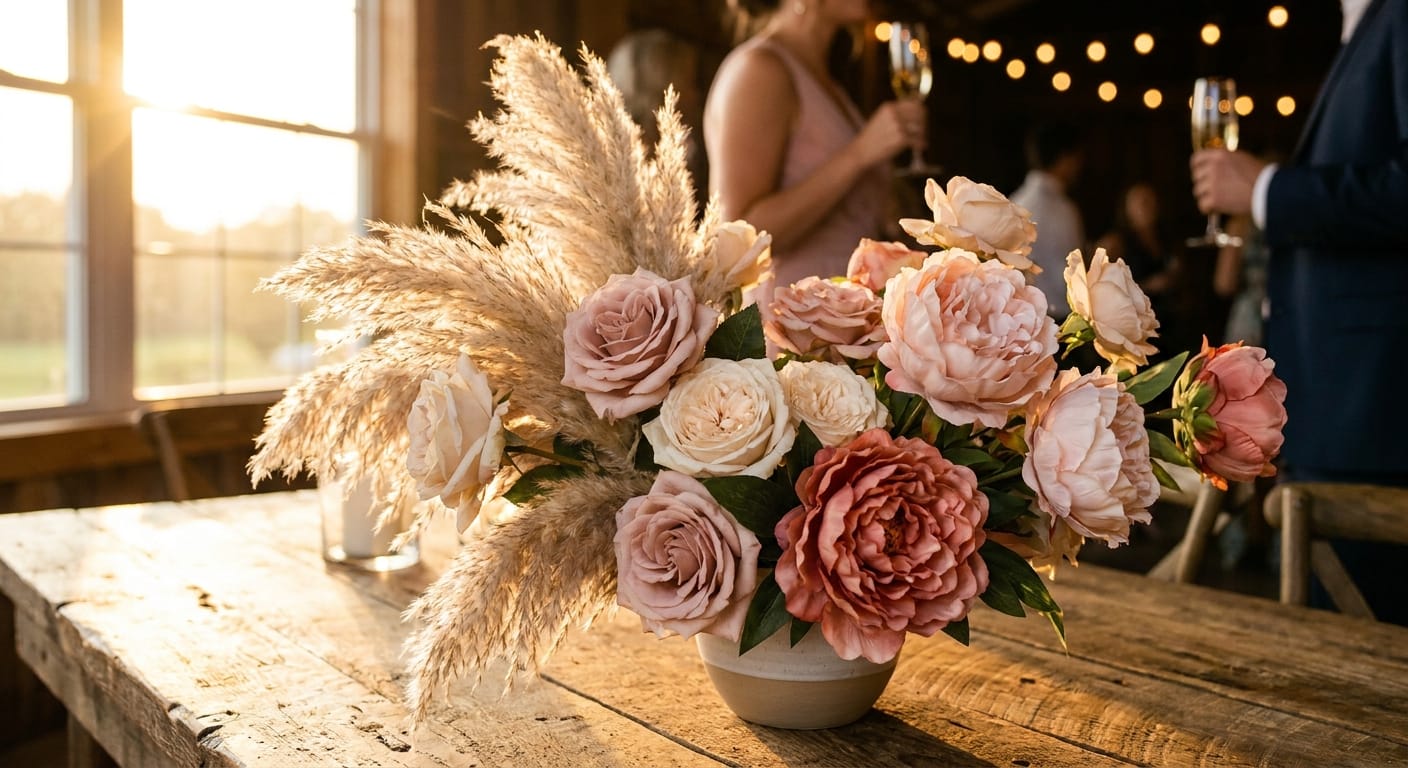 A stunning wedding centerpiece featuring a blend of fresh garden roses, dried pampas grass, and high-quality silk peonies, set on a rustic wooden table with soft, warm sunset lighting, cinematic depth of field