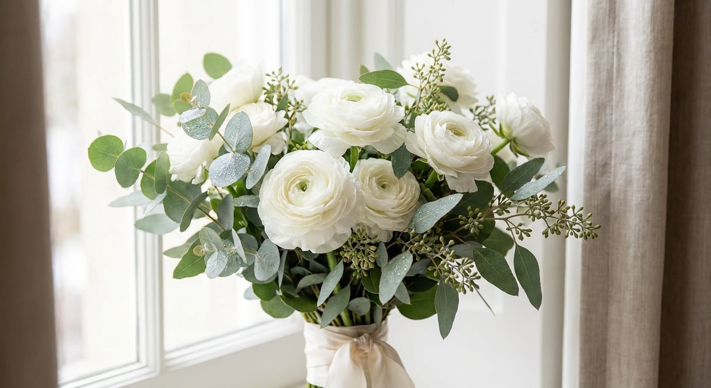 Close-up of a freshly cut white ranunculus and eucalyptus bouquet with dew drops, soft natural window light, crisp textures, high-end wedding photography style