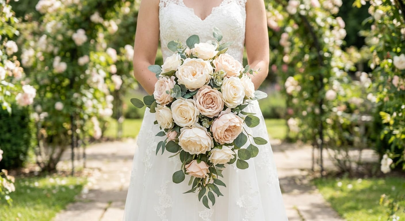 A bride holding a luxurious bouquet of 'real-touch' silk peonies and roses in soft blush and cream tones, captured in a bright, airy garden setting, photorealistic, professional wedding photography
