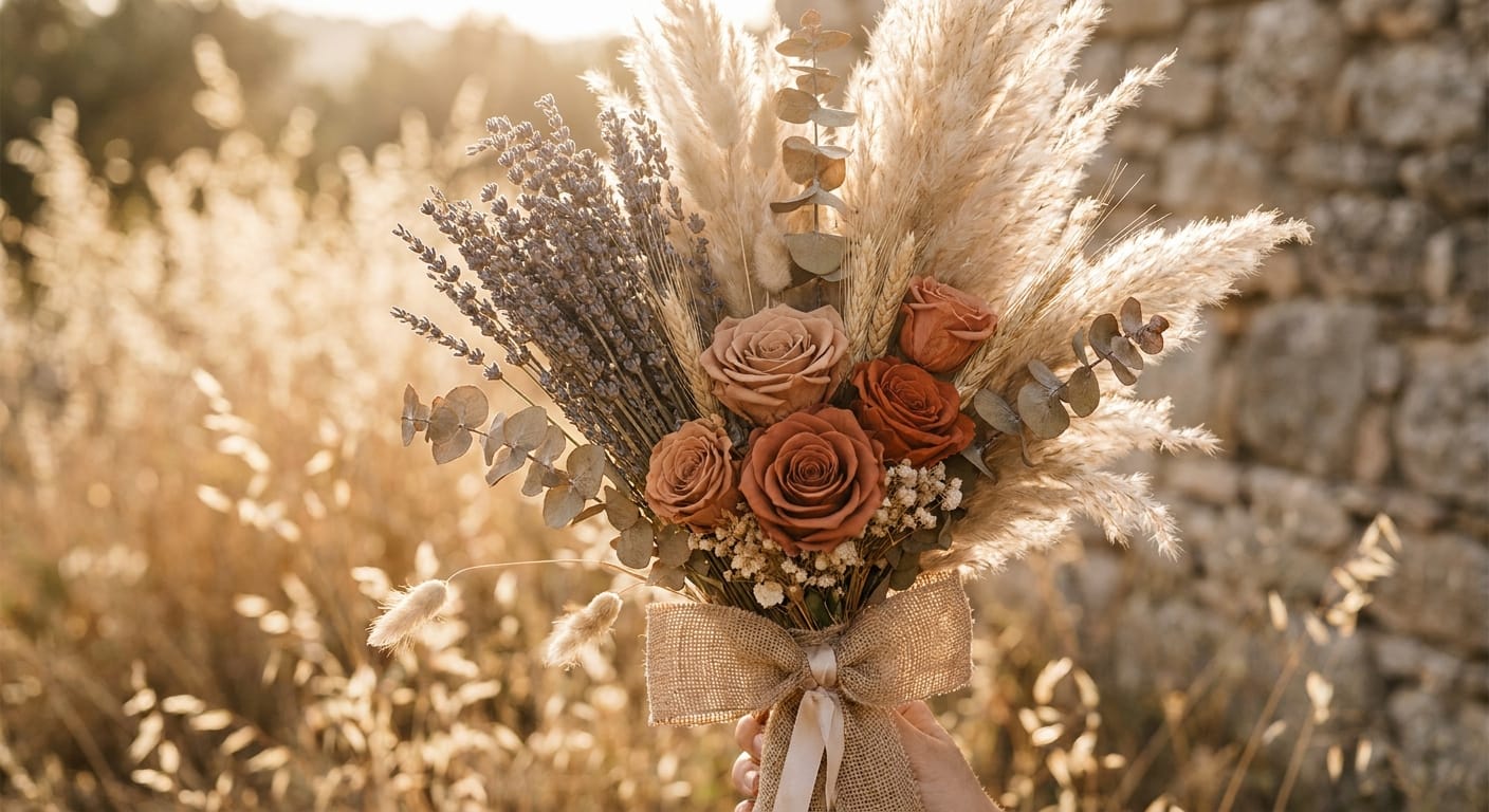 A rustic-chic wedding bouquet featuring dried lavender, pampas grass, and preserved terracotta-colored roses, earthy tones, warm sunlight, bohemian aesthetic, editorial style