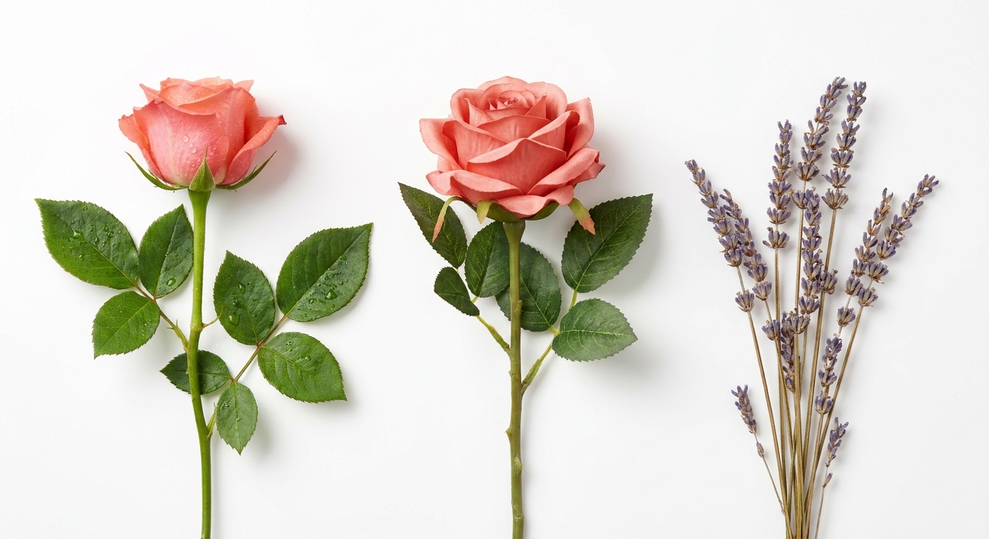 A side-by-side comparison flat lay showing a fresh flower stem, a high-quality silk stem, and a dried flower sprig on a clean white background, professional studio lighting, minimalist design