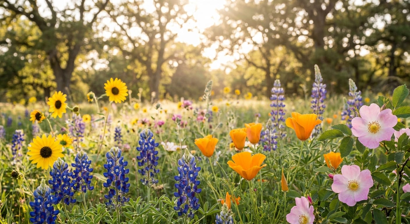 A vibrant collage of various US state flowers in a sun-drenched meadow, including bluebonnets, golden poppies, and wild roses, shot with a shallow depth of field, cinematic lighting, professional editorial photography