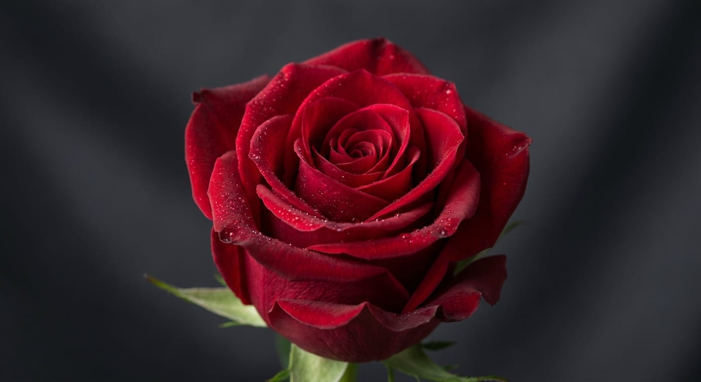 Classic deep red velvet rose in full bloom, dew drops on petals, dark moody studio background, cinematic lighting, professional floral photography