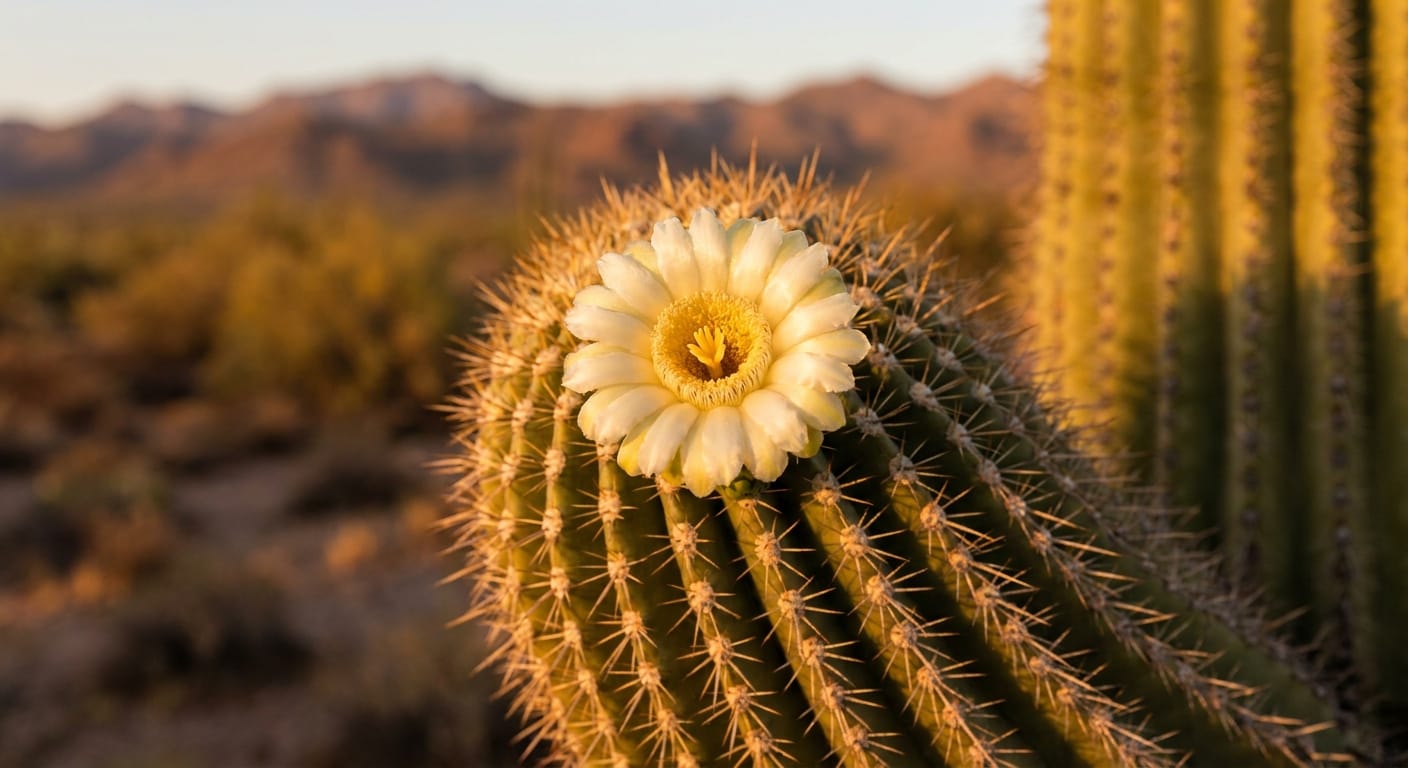 Close-up of a white waxy saguaro cactus flower blooming at the top of a giant desert cactus, golden desert sunset, sharp focus, professional nature photography