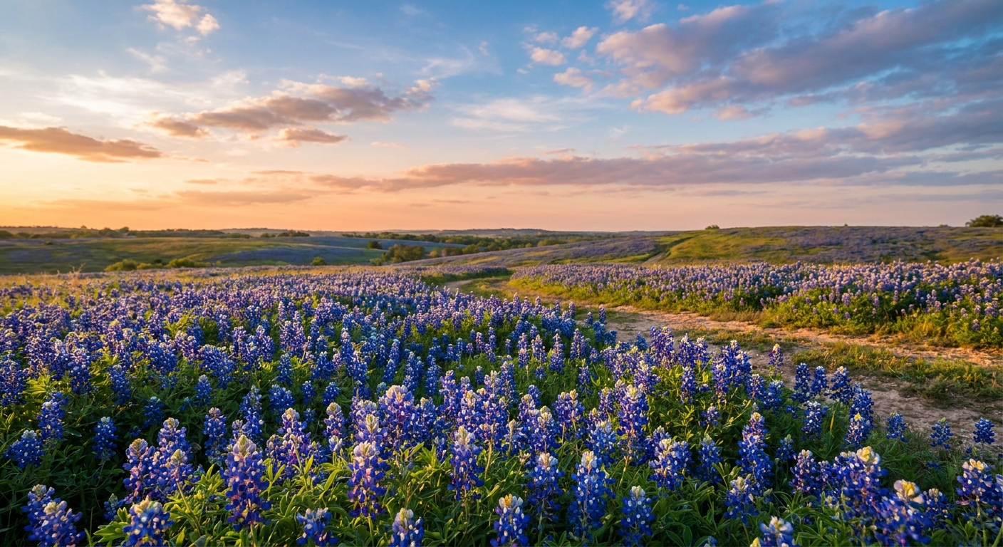 Vast field of vibrant blue Lupinus texensis under a bright Texas sky, rolling hills, soft golden hour sunlight, professional landscape photography