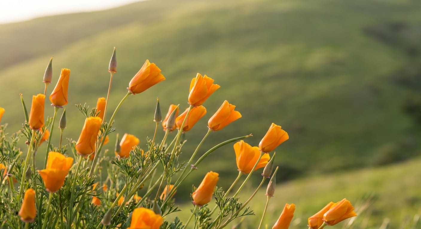 Close-up of bright orange California poppies swaying in a gentle coastal breeze, soft focus green background, cinematic lighting, high-quality nature photography